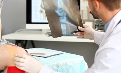 Læger kigger på en scanning af en patients knæ, da han har udført en kikkertundersøgelse i knæet og skal tage stilling til, hvad der nu skal ske med patienten