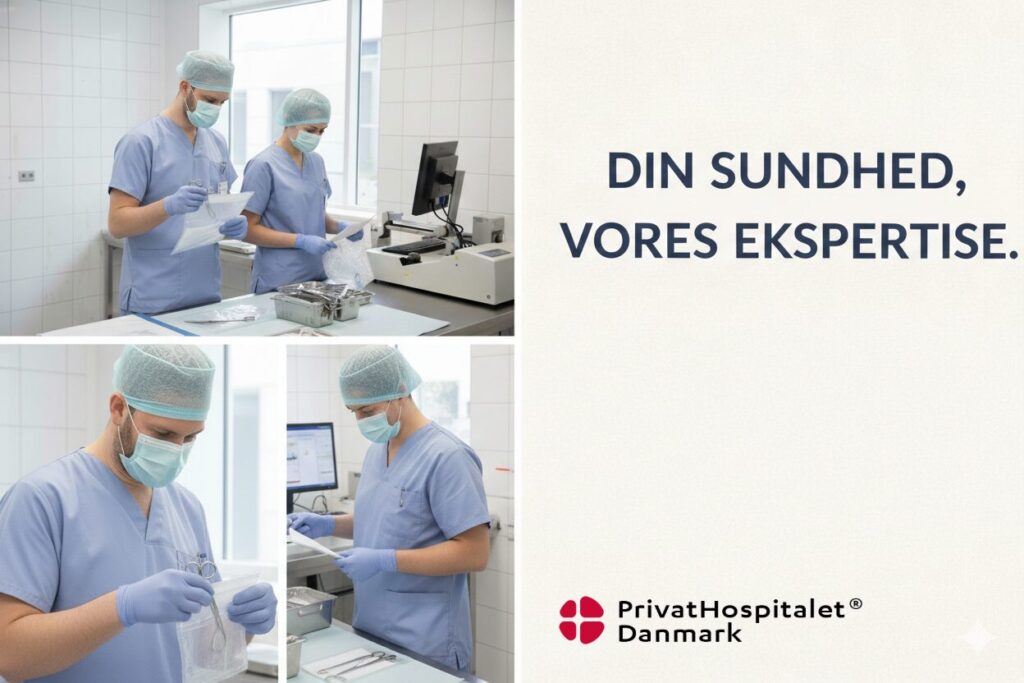 Steriltekniker arbejder i pakkerum med handsker og maske